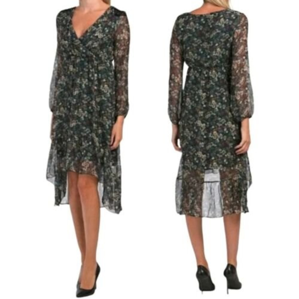 Elena Baldi Italy Silk Blend Floral High Low Midi Dress XS Black NWT
